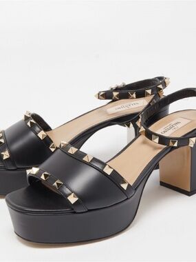 Valentino Black Leather Platform Sandals with Gold Studs